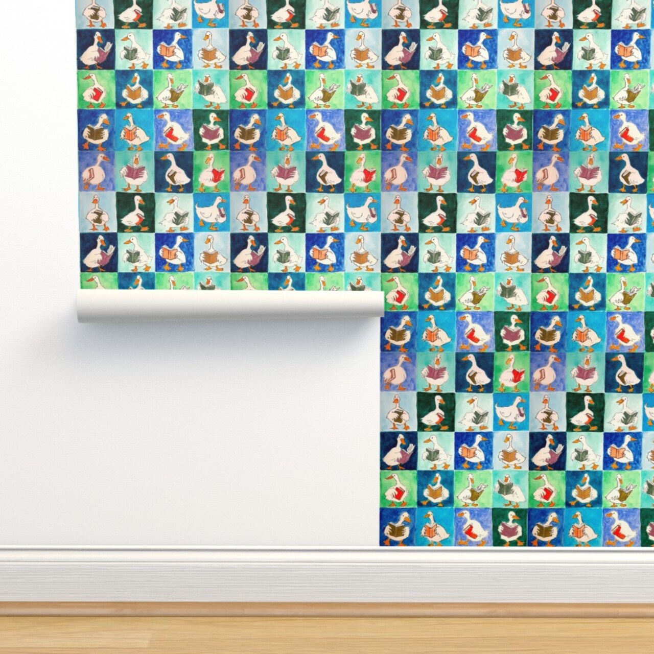 Blue Birds Animals Whimsical Books Ducks Watercolor Book Covers Reading Group Duck Readers Library Lover Large Scale Custom Removable Wallpaper by Spoonflower Peel & Stick Wallpaper 2FT Wide